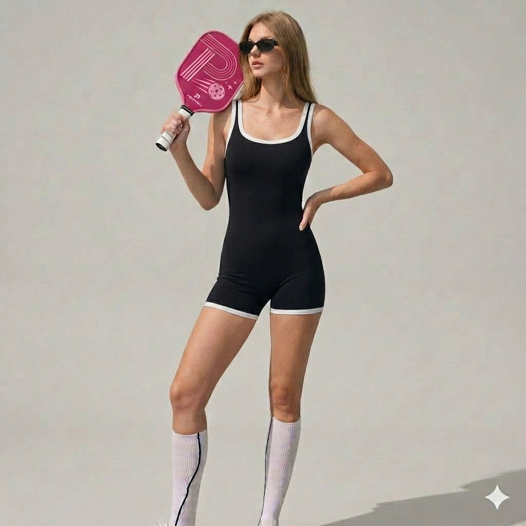 Save $8.9 Retro Contrast Trim Pickleball Unitard - One-Piece Sports Romper for Tennis & Fitness