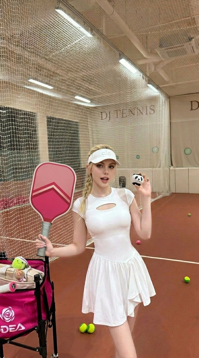 Save $8.9  Retro White pickleball Dress  | Pleated Athletic Exercise Dress with Cutout & Mesh Splicing