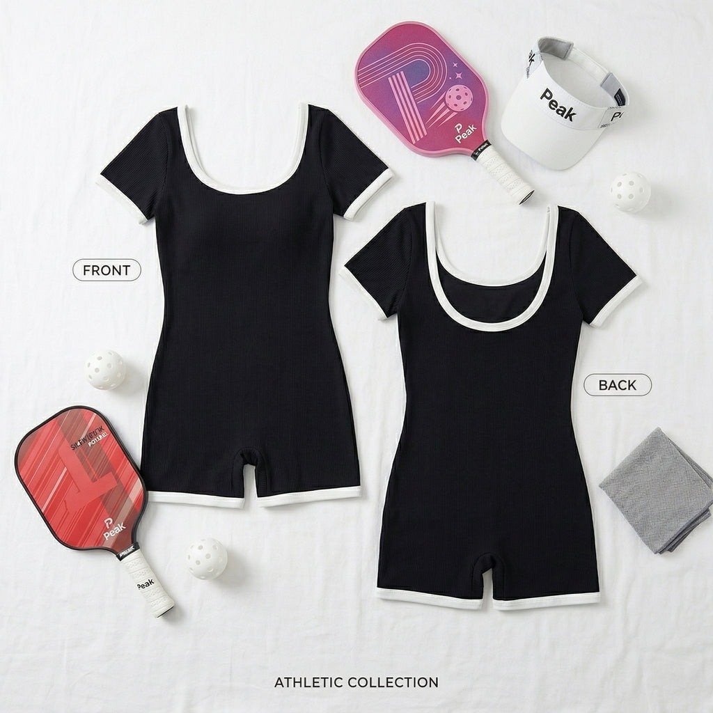 Save $8.9 Retro Contrast Trim Pickleball Unitard - One-Piece Sports Romper for Tennis & Fitness