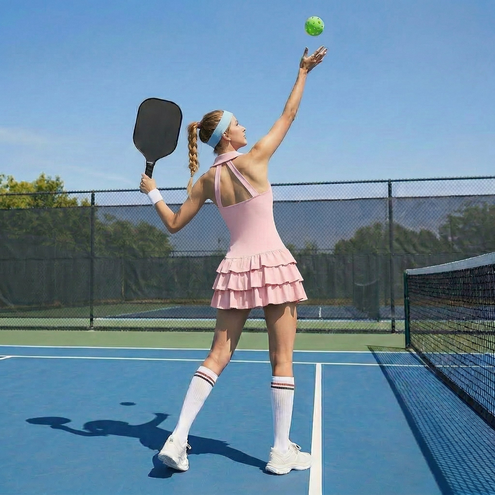 Save $8.9 Triple-Tiered Ruffle Pickleball Dress - Moisture-Wicking Tennis & Activewear with Built-in Shorts