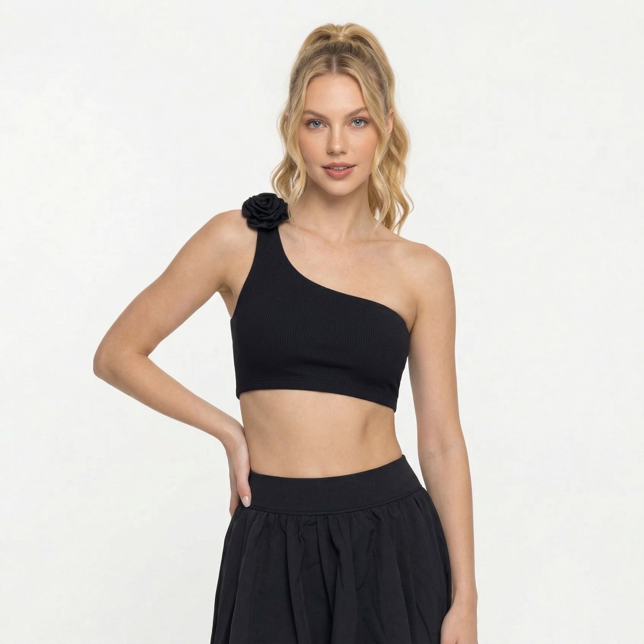 Save $8.9 Activewear Pickleball Outfit - One-Shoulder Floral Sports Bra & Tiered Bubble Skirt