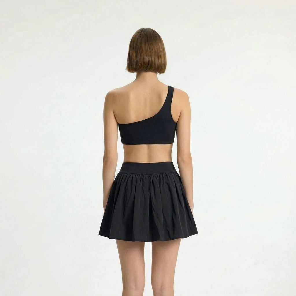 Save $8.9 Activewear Pickleball Outfit - One-Shoulder Floral Sports Bra & Tiered Bubble Skirt