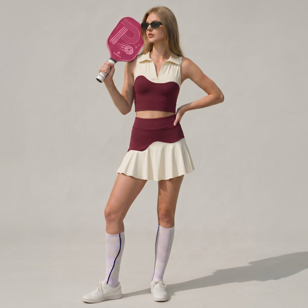 Retro Wave Color-Block Tennis Set | Two-Piece Crop Top & Pleated Skirt。pickleball set pickleball outfit