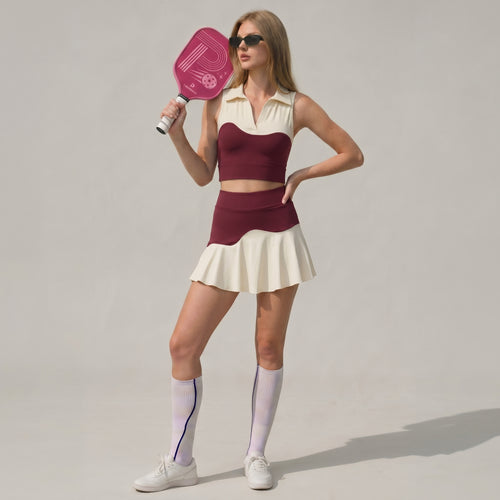 Retro Wave Color-Block Tennis Set | Two-Piece Crop Top & Pleated Skirt。pickleball set pickleball outfit