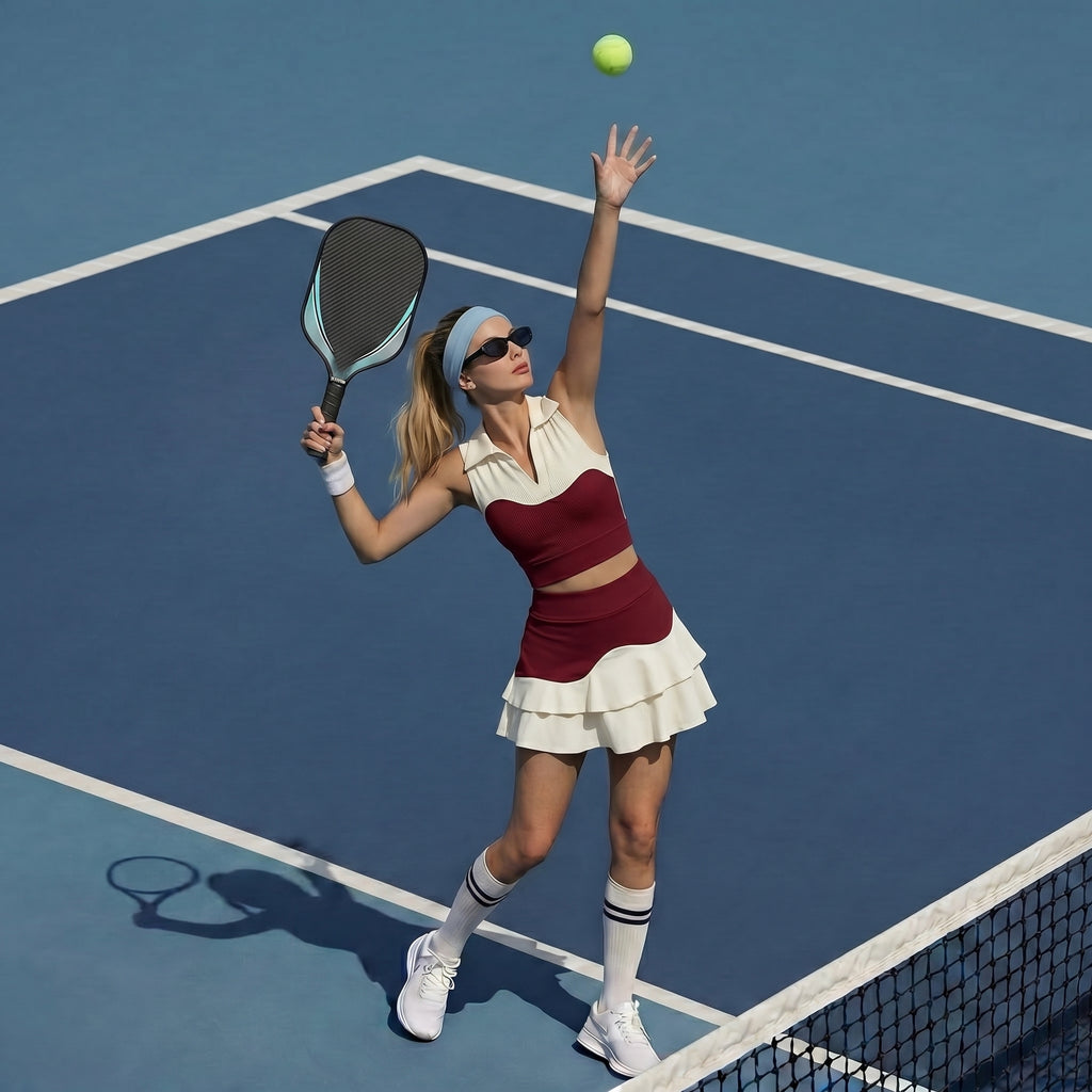 Retro Wave Color-Block Tennis Set | Two-Piece Crop Top & Pleated Skirt。pickleball set pickleball outfit