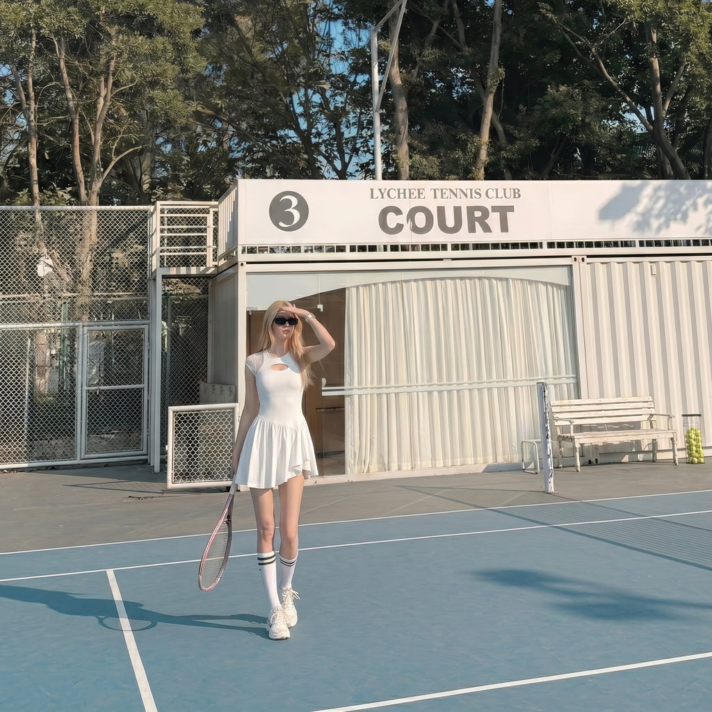 Save $8.9  Retro White pickleball Dress  | Pleated Athletic Exercise Dress with Cutout & Mesh Splicing