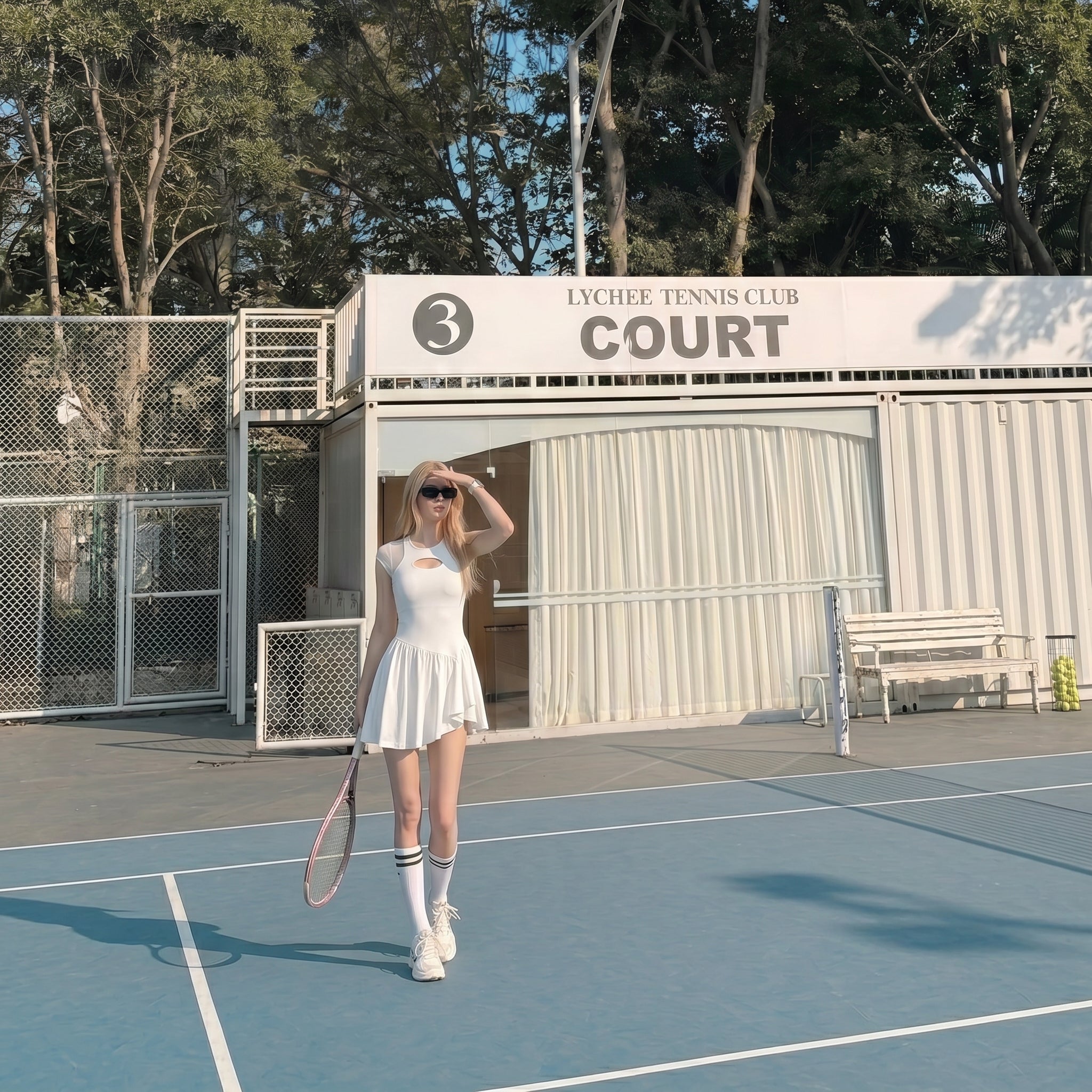 Save $8.9  Retro White pickleball Dress  | Pleated Athletic Exercise Dress with Cutout & Mesh Splicing