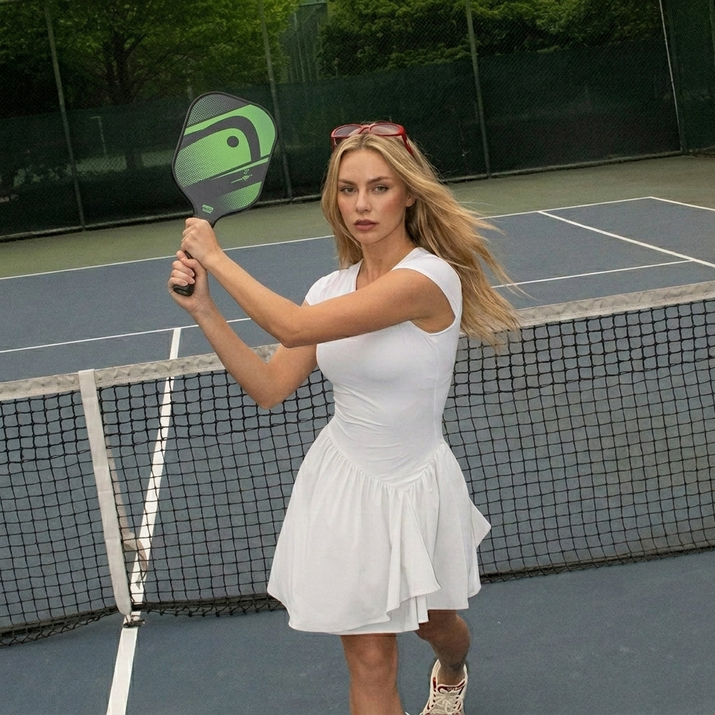 Save $8.9  Retro White pickleball Dress  | Pleated Athletic Exercise Dress with Cutout & Mesh Splicing